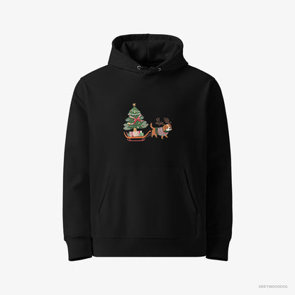 Beagle Hoodie – Men Black Hoodie Eco-Friendly – Dragging a Tree on a Sled (on White Background)