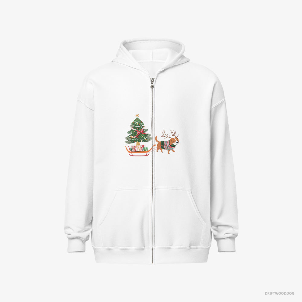 Beagle Hoodie – Men White Hoodie Full-Zip – Dragging a Tree on a Sled (on White Background)