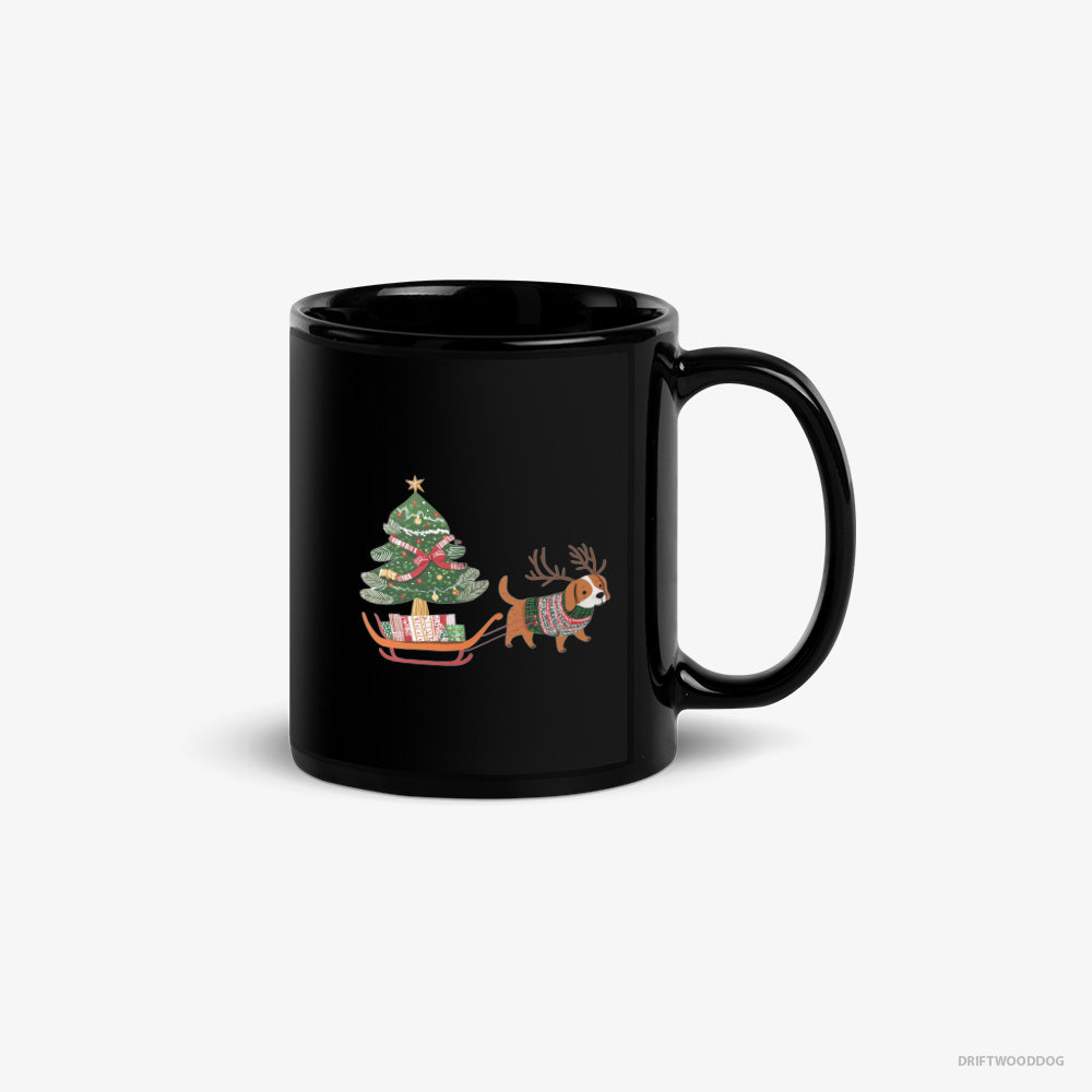 Beagle Mug – Unisex Black Mug Classic – Dragging a Tree on a Sled (on White Background)