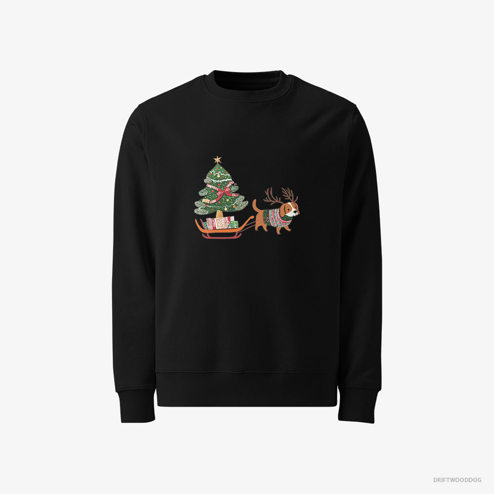 Beagle Sweatshirt – Men Black Sweatshirt Classic – Dragging a Tree on a Sled (on White Background)