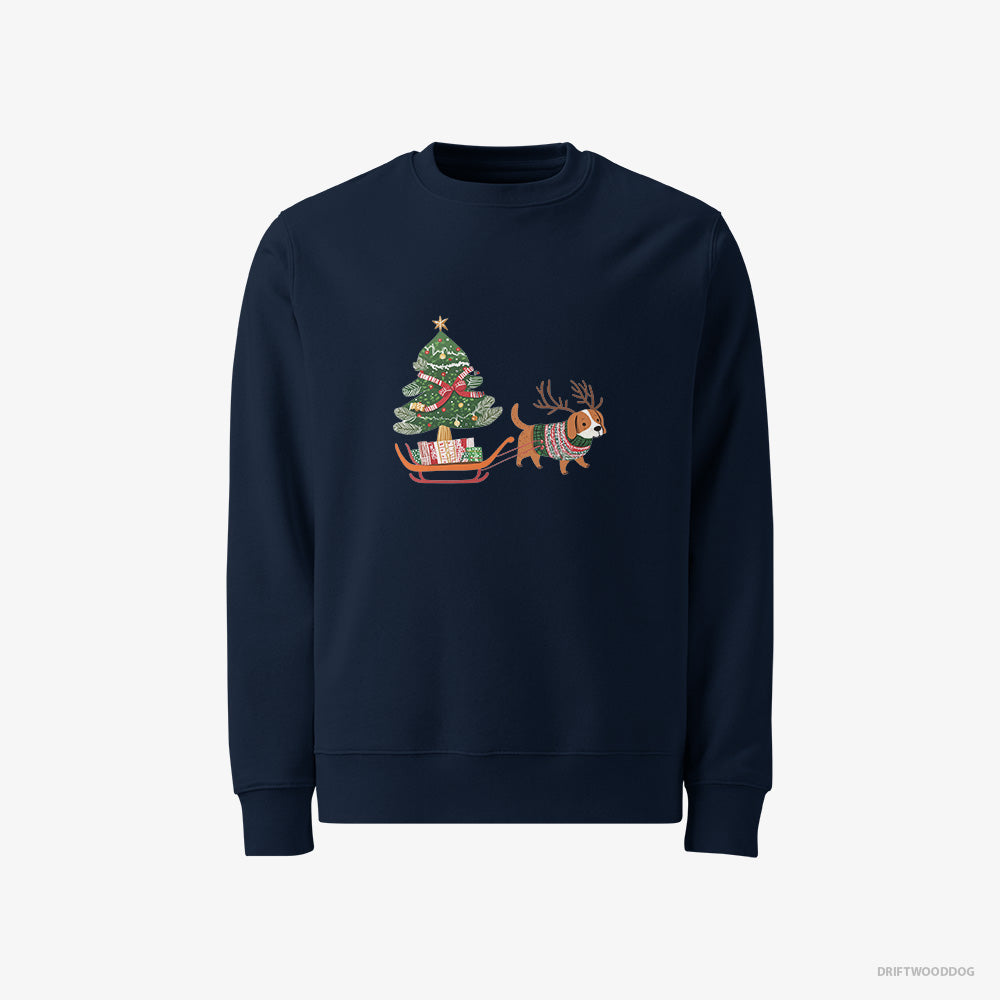 Beagle Sweatshirt – Men Navy Sweatshirt Classic – Dragging a Tree on a Sled (on White Background)