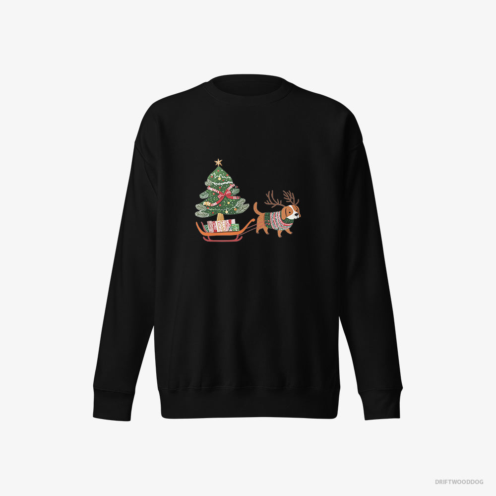 Beagle Sweatshirt – Women Black Sweatshirt Eco-Friendly – Dragging a Tree on a Sled (on White Background)