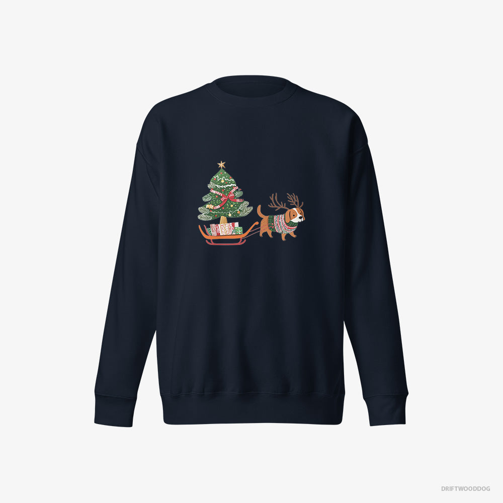 Beagle Sweatshirt – Women Navy Sweatshirt Eco-Friendly – Dragging a Tree on a Sled (on White Background)