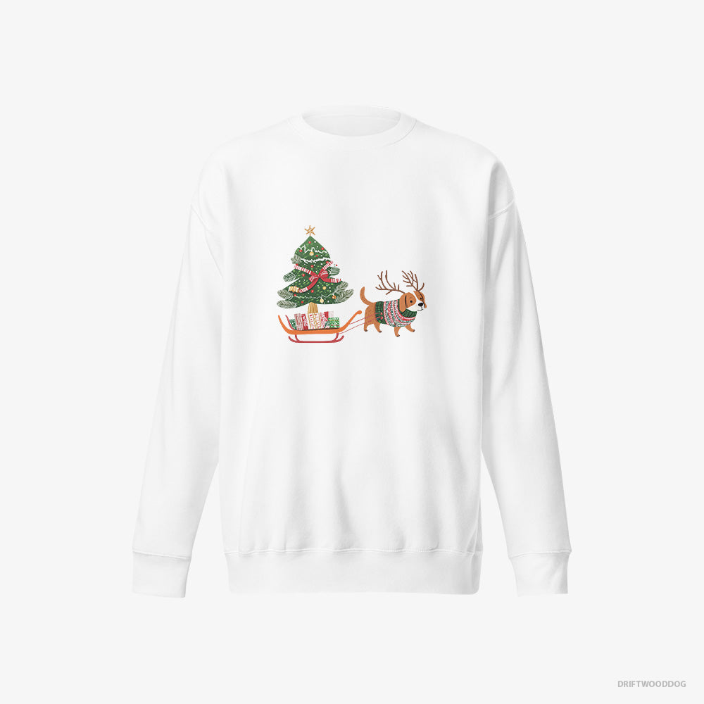 Beagle Sweatshirt – Men White Sweatshirt Eco-Friendly – Dragging a Tree on a Sled (on White Background)