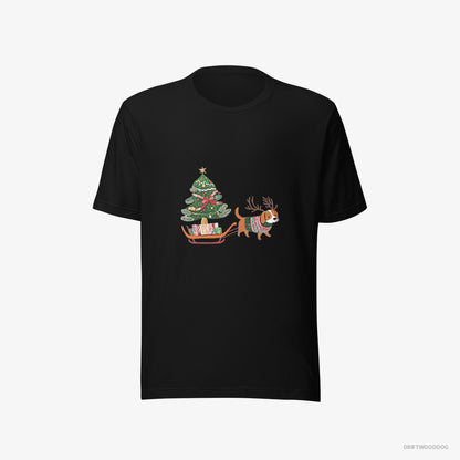 Beagle T-Shirt – Men Black T-Shirt Eco-Friendly – Dragging a Tree on a Sled (on White Background)