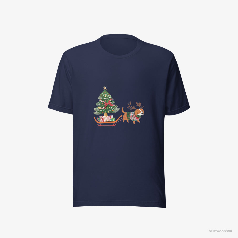 Beagle T-Shirt – Men Navy T-Shirt Eco-Friendly – Dragging a Tree on a Sled (on White Background)