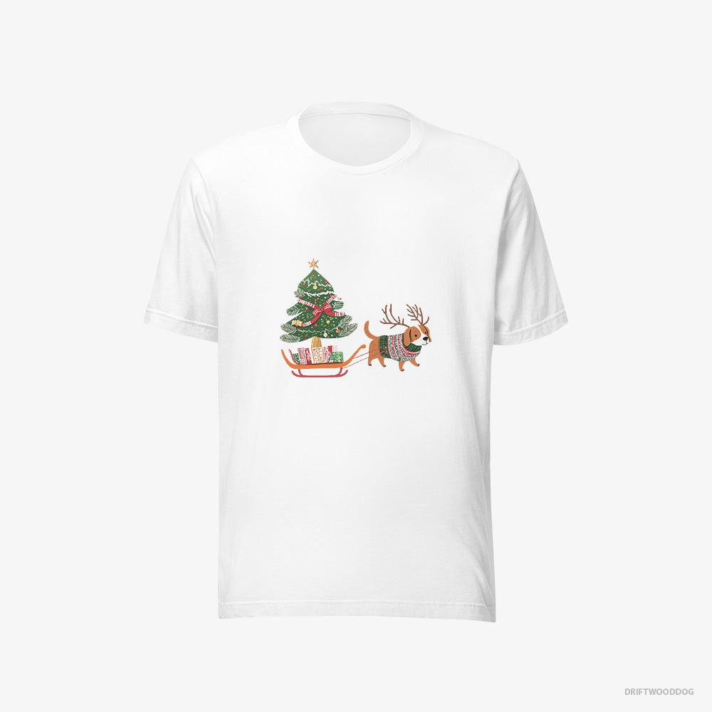 Beagle T-Shirt – Men White T-Shirt Eco-Friendly – Dragging a Tree on a Sled (on White Background)