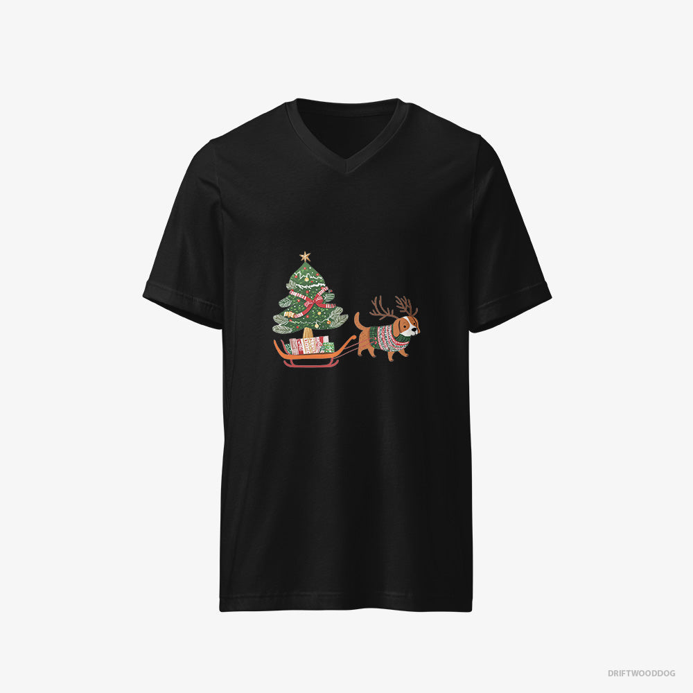 Beagle T-Shirt – Men Black T-Shirt V-Neck – Dragging a Tree on a Sled (on White Background)