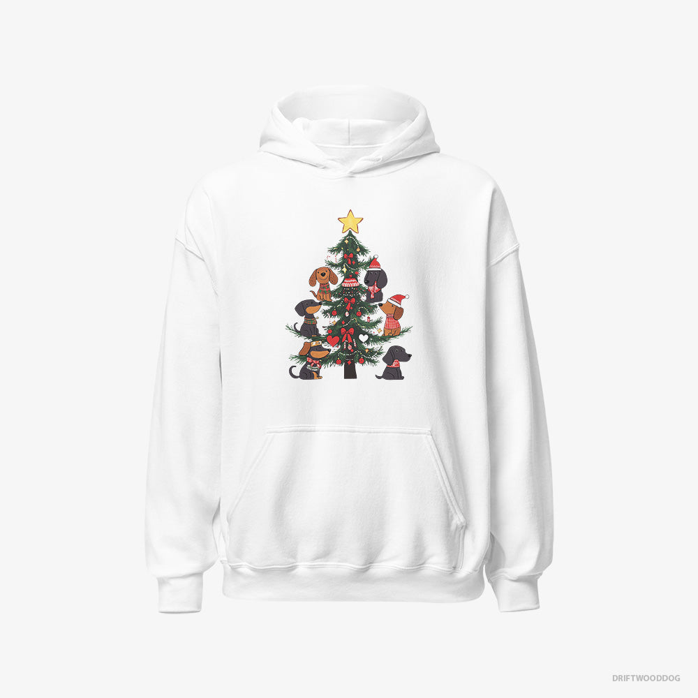 Dachshund Hoodie – Men White Hoodie Classic – Puppies Stuck on Christmas Tree (on White Background)