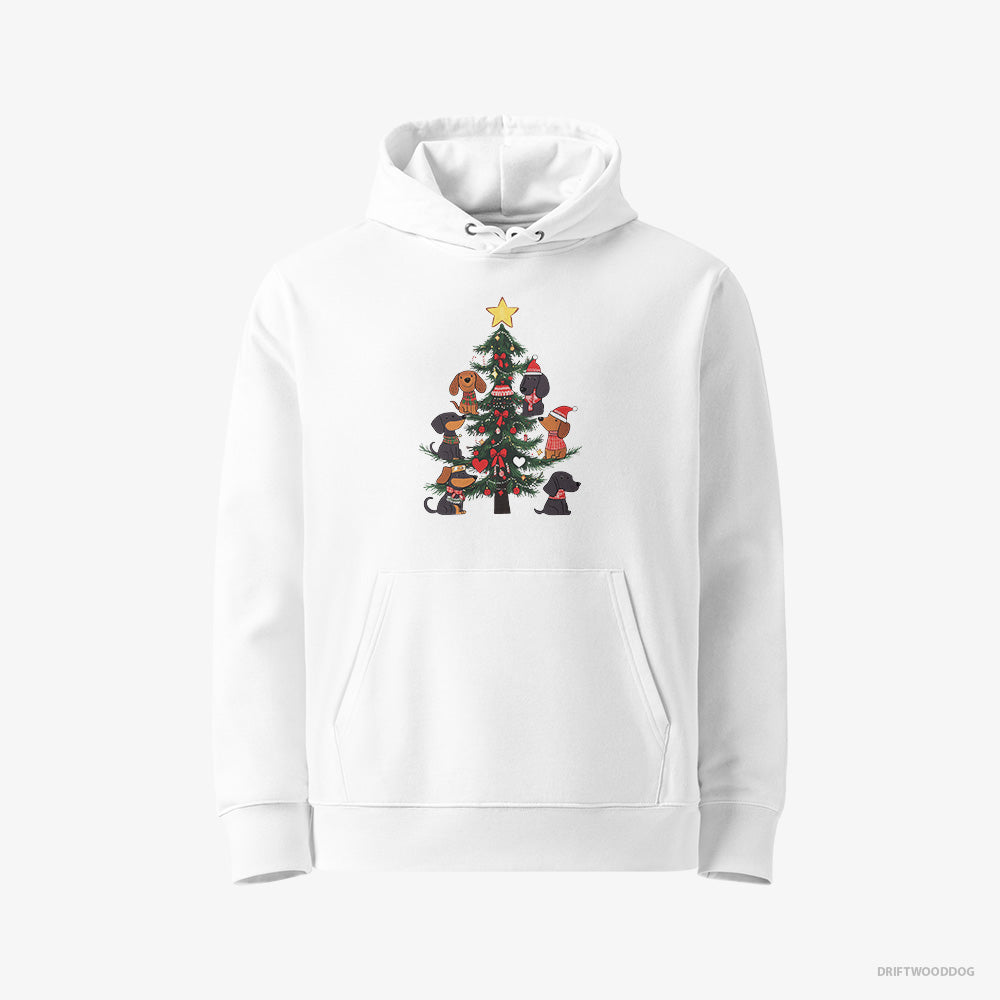 Dachshund Hoodie – Women White Hoodie Eco-Friendly – Puppies Stuck on Christmas Tree (on White Background)