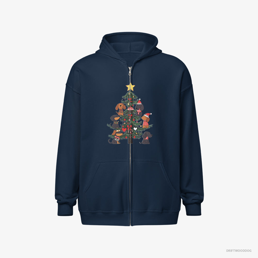 Dachshund Hoodie – Men Navy Hoodie Full-Zip – Puppies Stuck on Christmas Tree (on White Background)