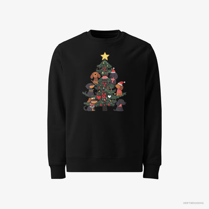 Dachshund Sweatshirt – Men Black Sweatshirt Classic – Puppies Stuck on Christmas Tree (on White Background)