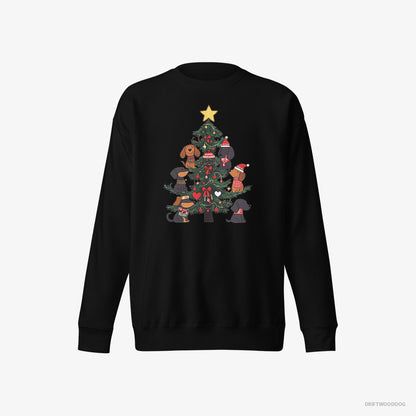 Dachshund Sweatshirt – Men Black Sweatshirt Eco-Friendly – Puppies Stuck on Christmas Tree (on White Background)