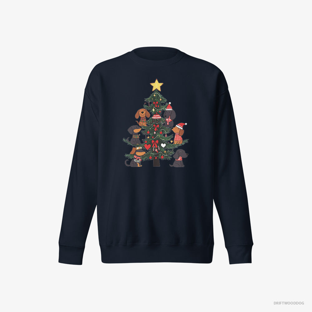 Dachshund Sweatshirt – Men Navy Sweatshirt Eco-Friendly – Puppies Stuck on Christmas Tree (on White Background)