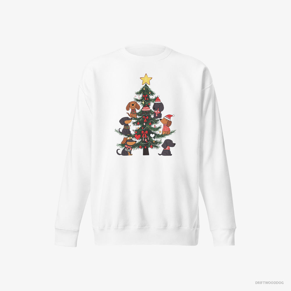 Dachshund Sweatshirt – Men White Sweatshirt Eco-Friendly – Puppies Stuck on Christmas Tree (on White Background)