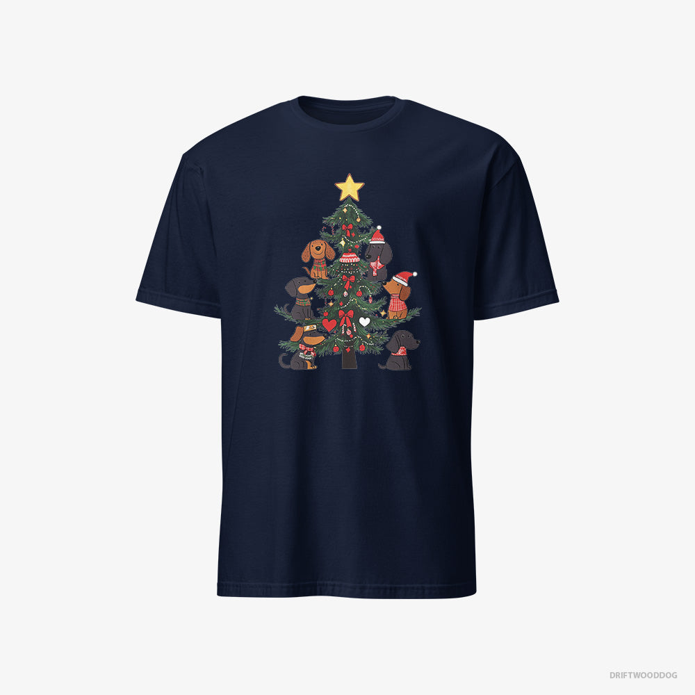 Dachshund T-Shirt – Men Navy T-Shirt Classic – Puppies Stuck on Christmas Tree (on White Background)