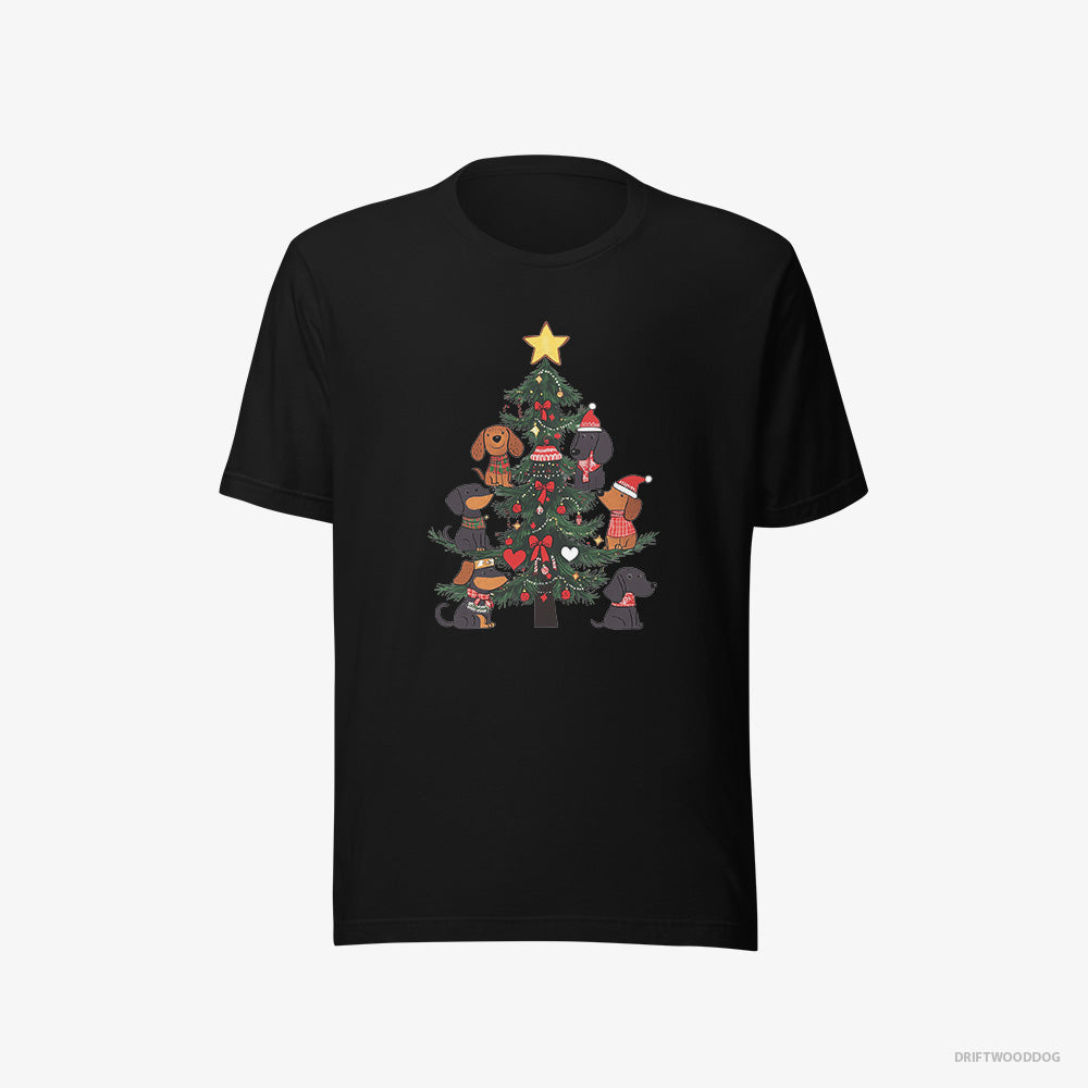 Dachshund T-Shirt – Men Black T-Shirt Eco-Friendly – Puppies Stuck on Christmas Tree (on White Background)