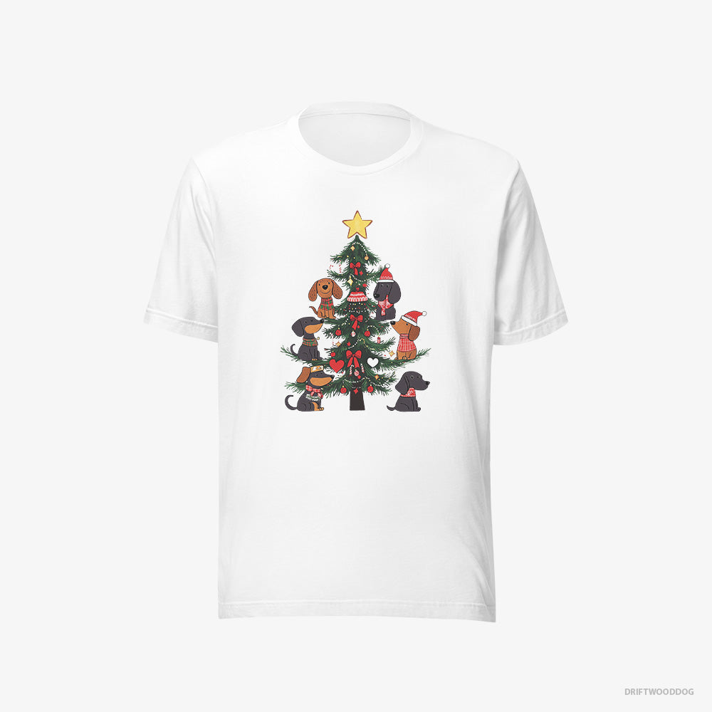 Dachshund T-Shirt – Women White T-Shirt Eco-Friendly – Puppies Stuck on Christmas Tree (on White Background)