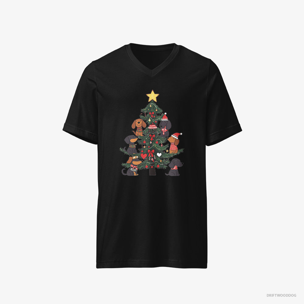 Dachshund T-Shirt – Men Black T-Shirt V-Neck – Puppies Stuck on Christmas Tree (on White Background)