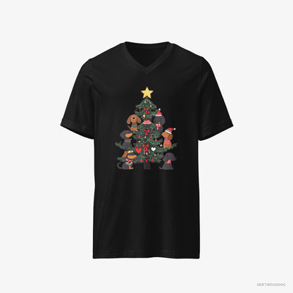 Dachshund T-Shirt – Men Black T-Shirt V-Neck – Puppies Stuck on Christmas Tree (on White Background)