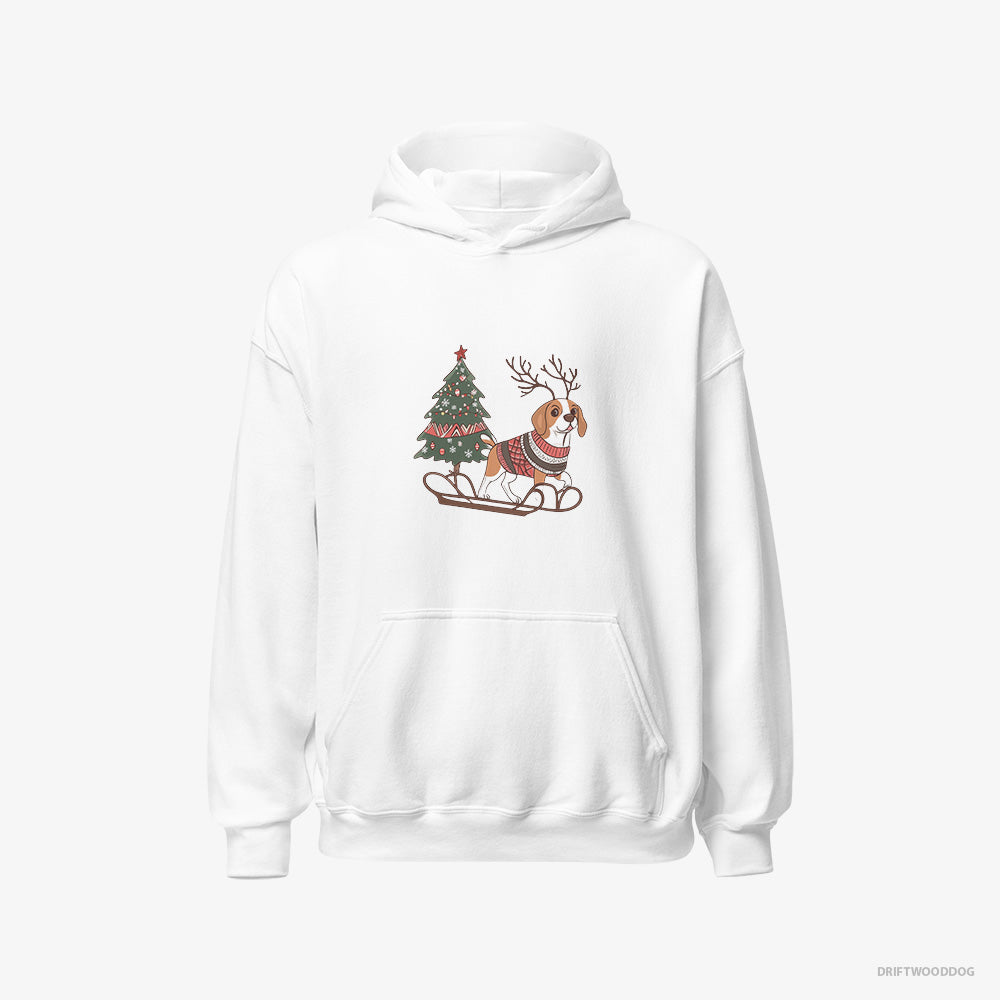 Beagle Hoodie – Men White Hoodie Classic – Pulling a Festive Tree on a Sled (on White Background)