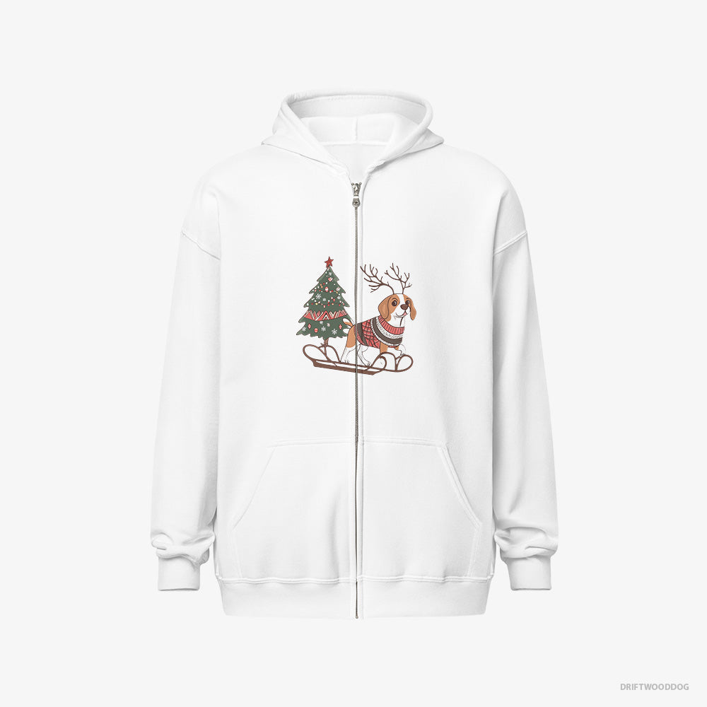 Beagle Hoodie – Men White Hoodie Full-Zip – Pulling a Festive Tree on a Sled (on White Background)