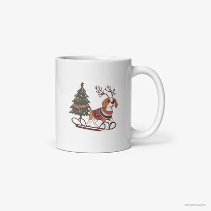 Beagle Pulling a Festive Tree on a Sled White Mug