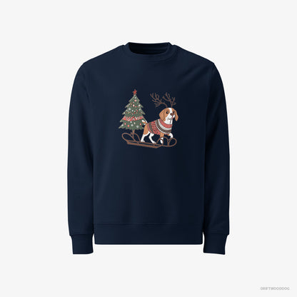 Beagle Sweatshirt – Men Navy Sweatshirt Classic – Pulling a Festive Tree on a Sled (on White Background)