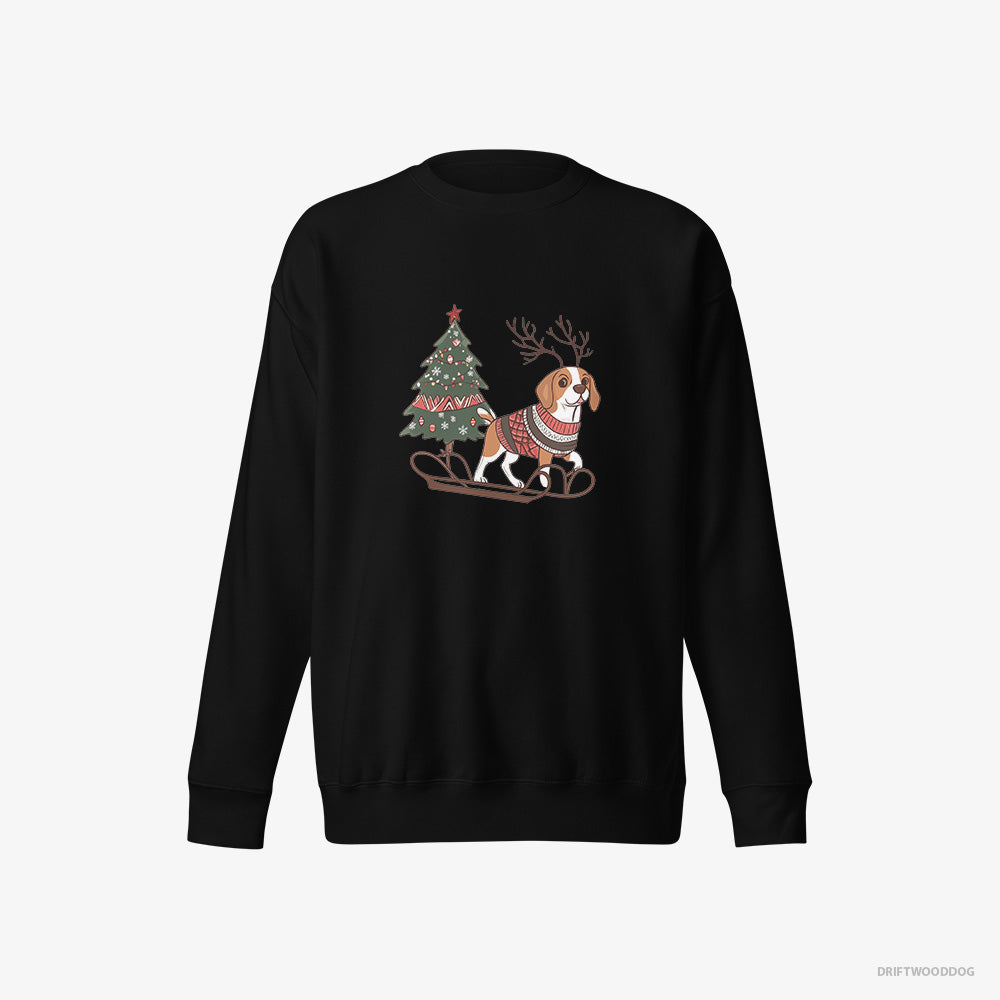 Beagle Sweatshirt – Men Black Sweatshirt Eco-Friendly – Pulling a Festive Tree on a Sled (on White Background)