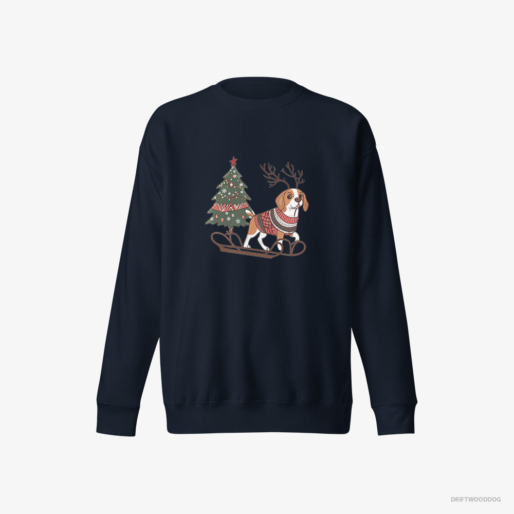 Beagle Sweatshirt – Men Navy Sweatshirt Eco-Friendly – Pulling a Festive Tree on a Sled (on White Background)