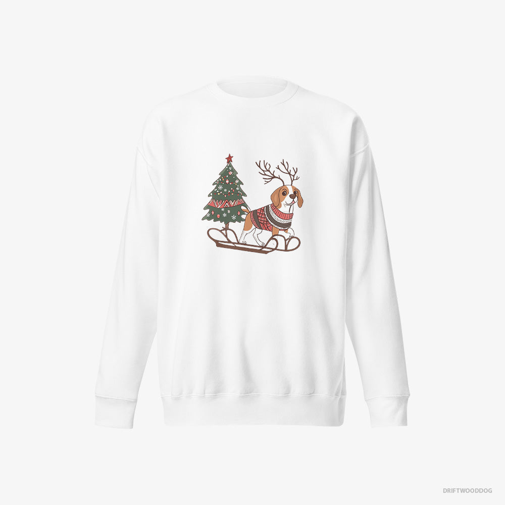 Beagle Sweatshirt – Men White Sweatshirt Eco-Friendly – Pulling a Festive Tree on a Sled (on White Background)