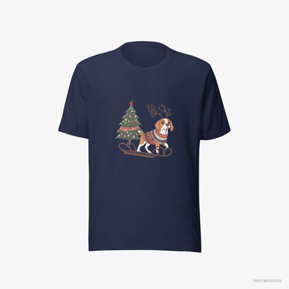 Beagle T-Shirt – Men Navy T-Shirt Eco-Friendly – Pulling a Festive Tree on a Sled (on White Background)