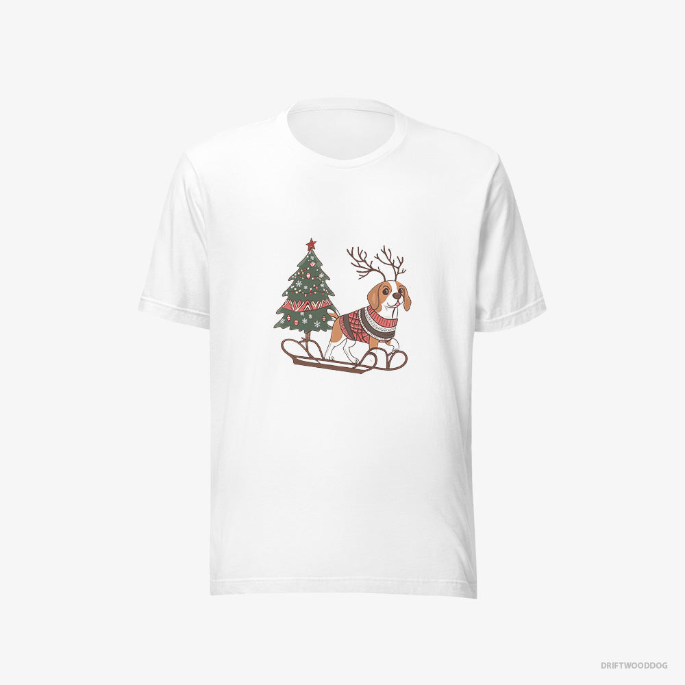 Beagle T-Shirt – Women White T-Shirt Eco-Friendly – Pulling a Festive Tree on a Sled (on White Background)