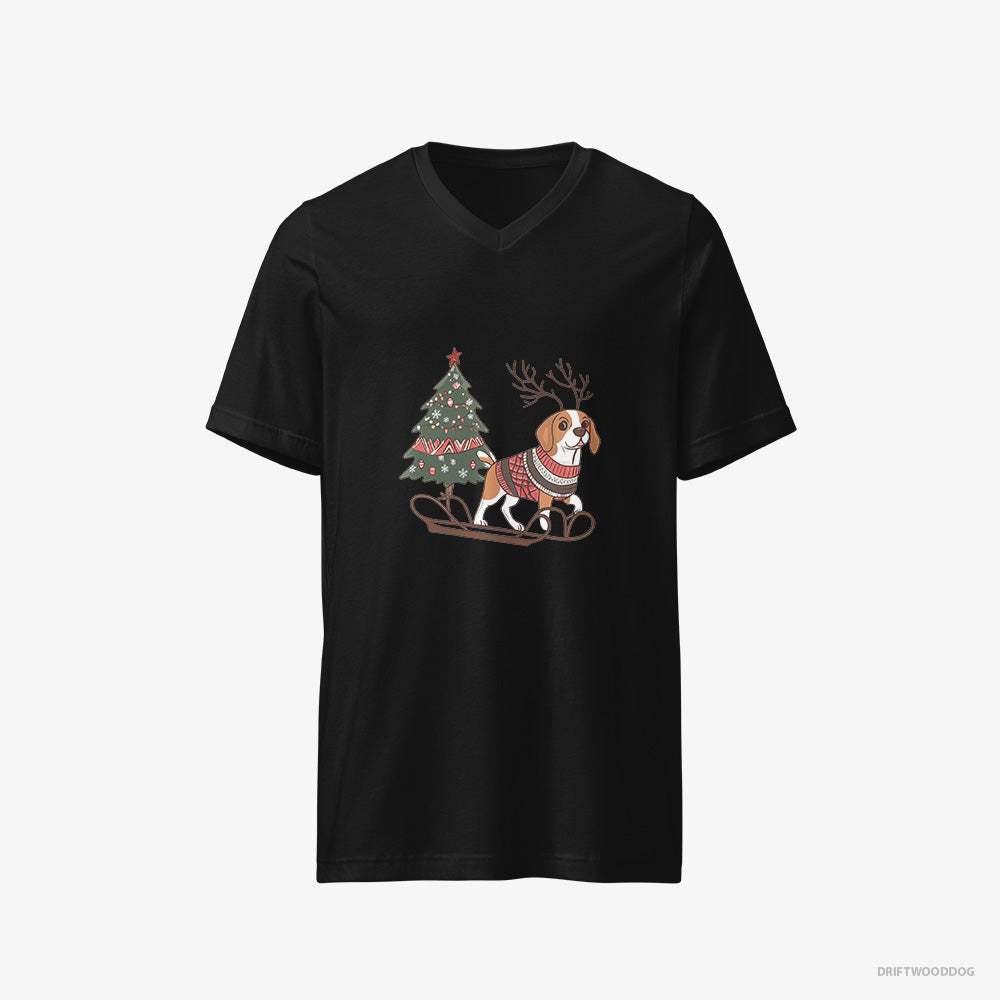 Beagle T-Shirt – Men Black T-Shirt V-Neck – Pulling a Festive Tree on a Sled (on White Background)