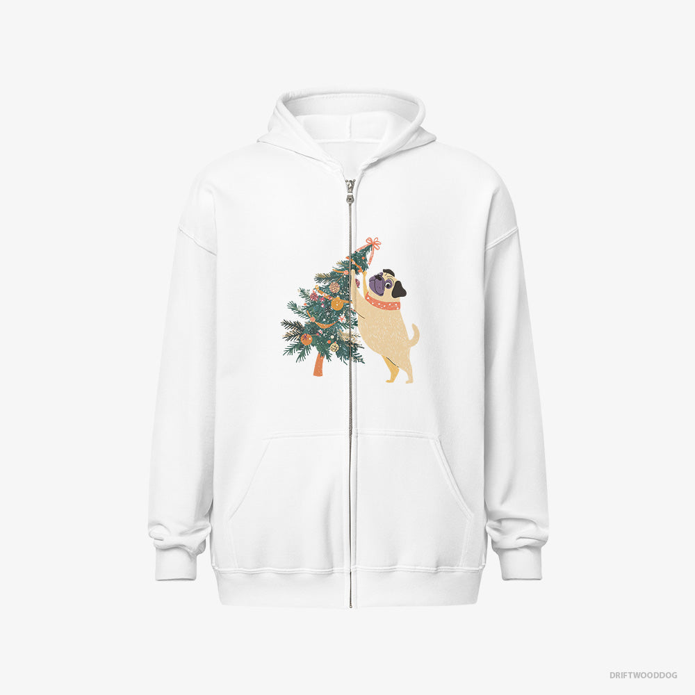 Pug Hoodie – Men White Hoodie Full-Zip – Hanging Decorations on the Christmas Tree (on White Background)