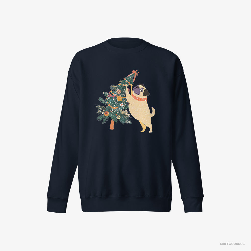 Pug Sweatshirt – Men Navy Sweatshirt Eco-Friendly – Hanging Decorations on the Christmas Tree (on White Background)