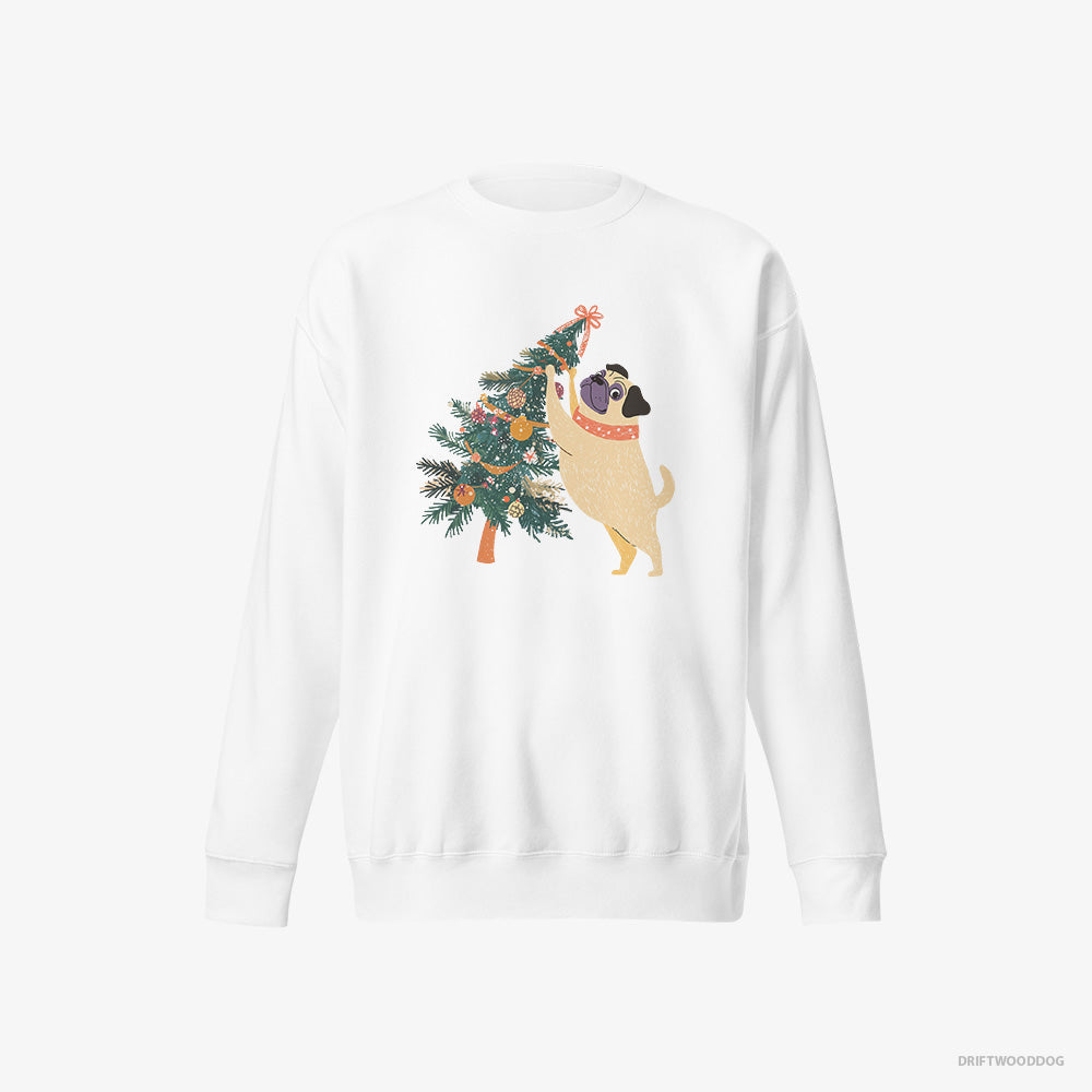 Pug Sweatshirt – Men White Sweatshirt Eco-Friendly – Hanging Decorations on the Christmas Tree (on White Background)