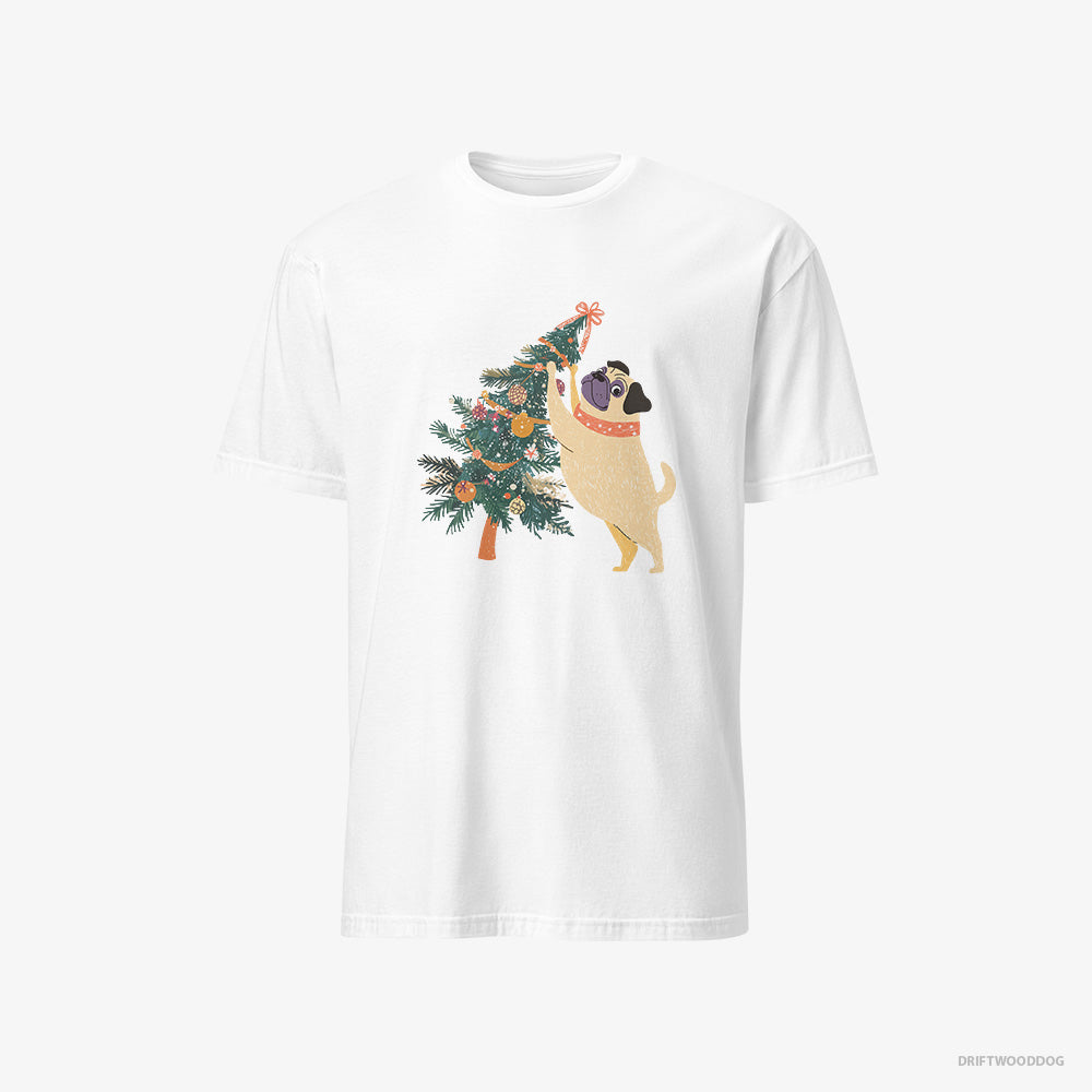 Pug T-Shirt – Men White T-Shirt Classic – Hanging Decorations on the Christmas Tree (on White Background)