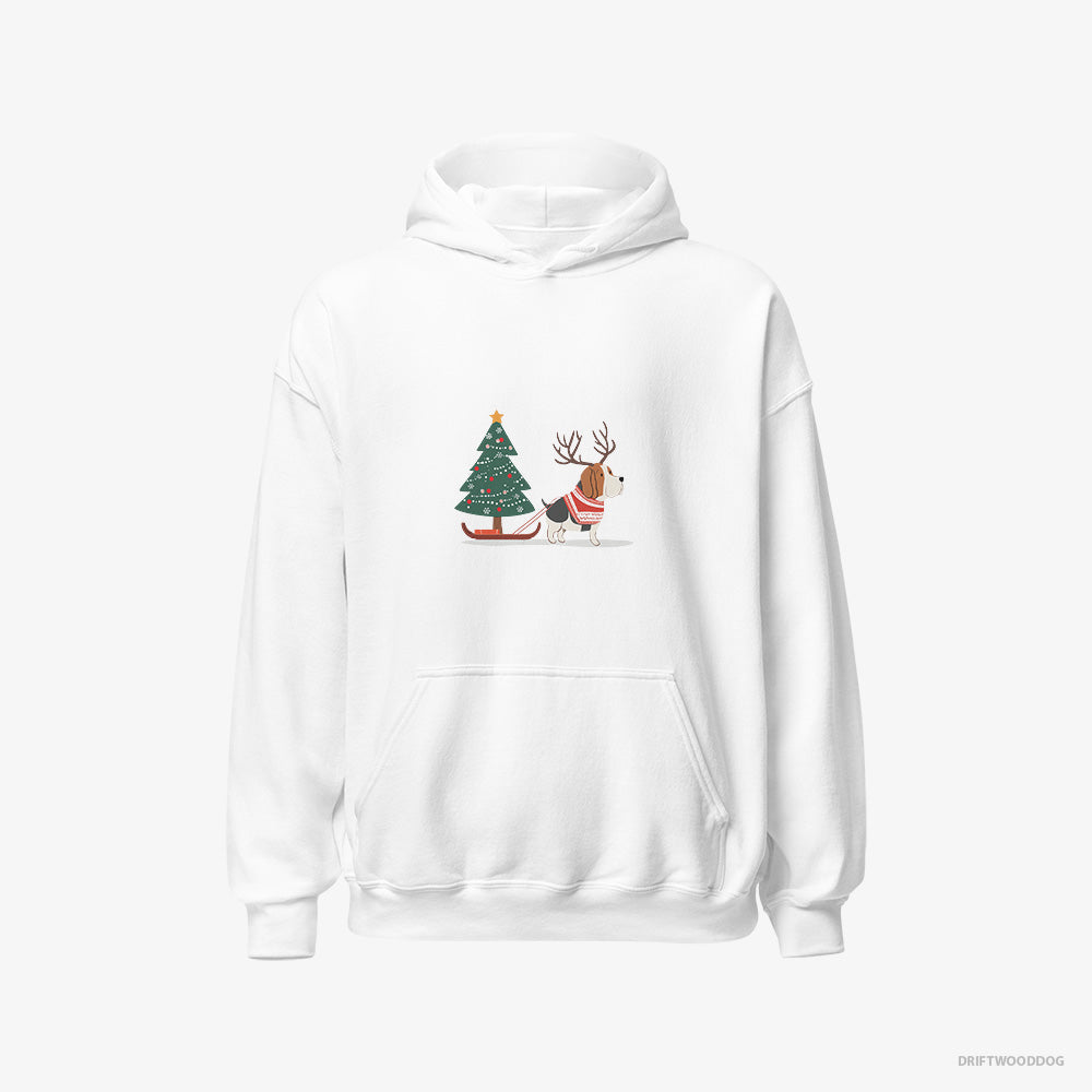 Basset Hound Hoodie – Men White Hoodie Classic – Dragging a Christmas Tree (on White Background)