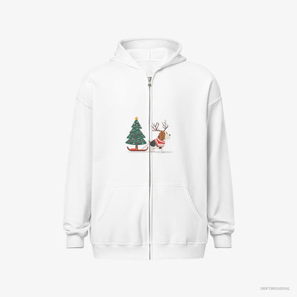 Basset Hound Hoodie – Men White Hoodie Full-Zip – Dragging a Christmas Tree (on White Background)