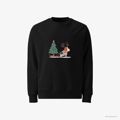 Basset Hound Sweatshirt – Men Black Sweatshirt Classic – Dragging a Christmas Tree (on White Background)