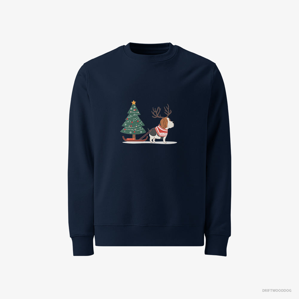 Basset Hound Sweatshirt – Men Navy Sweatshirt Classic – Dragging a Christmas Tree (on White Background)