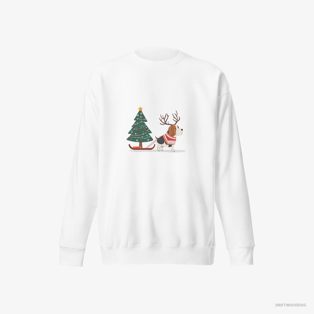 Basset Hound Sweatshirt – Women White Sweatshirt Eco-Friendly – Dragging a Christmas Tree (on White Background)