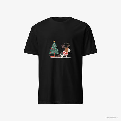 Basset Hound Dragging a Christmas Tree Black T-Shirt