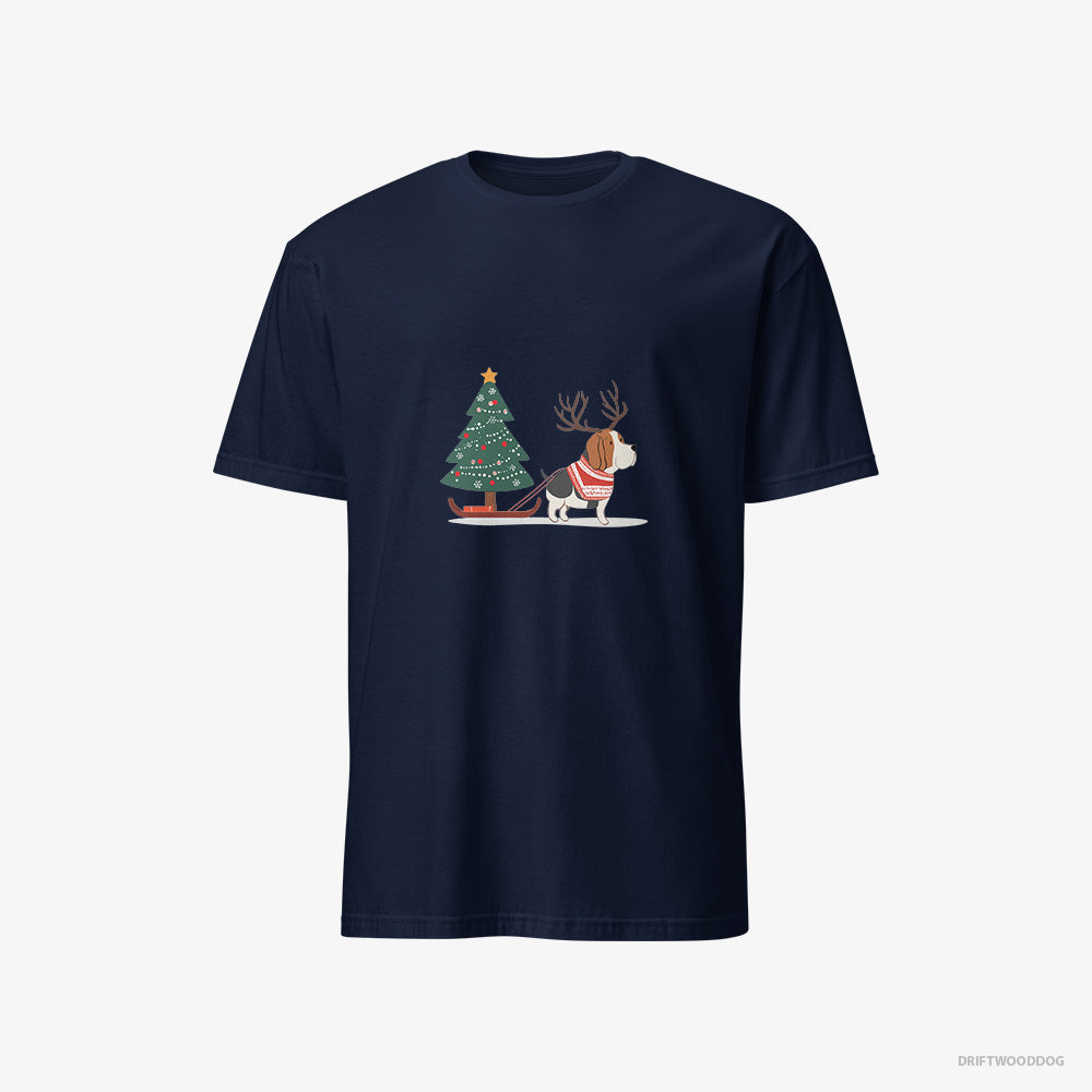 Basset Hound T-Shirt – Women Navy T-Shirt Classic – Dragging a Christmas Tree (on White Background)