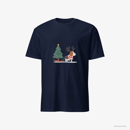 Basset Hound Dragging a Christmas Tree Navy T-Shirt