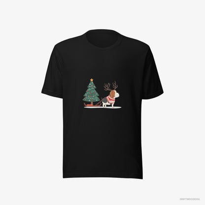 Basset Hound Dragging a Christmas Tree Black T-Shirt