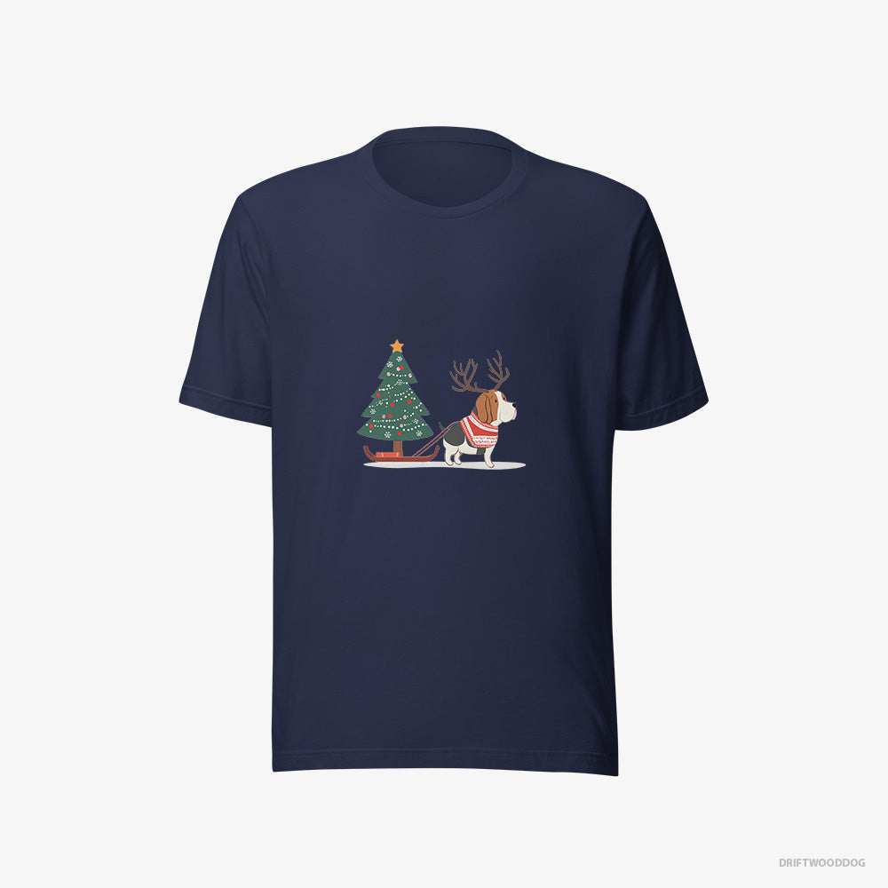 Basset Hound T-Shirt – Men Navy T-Shirt Eco-Friendly – Dragging a Christmas Tree (on White Background)