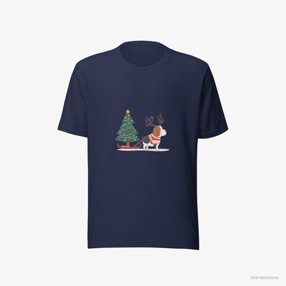 Basset Hound T-Shirt – Men Navy T-Shirt Eco-Friendly – Dragging a Christmas Tree (on White Background)