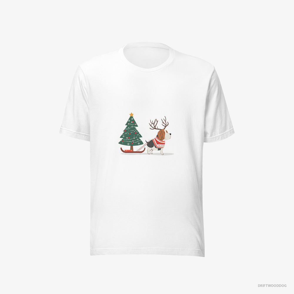 Basset Hound T-Shirt – Women White T-Shirt Eco-Friendly – Dragging a Christmas Tree (on White Background)